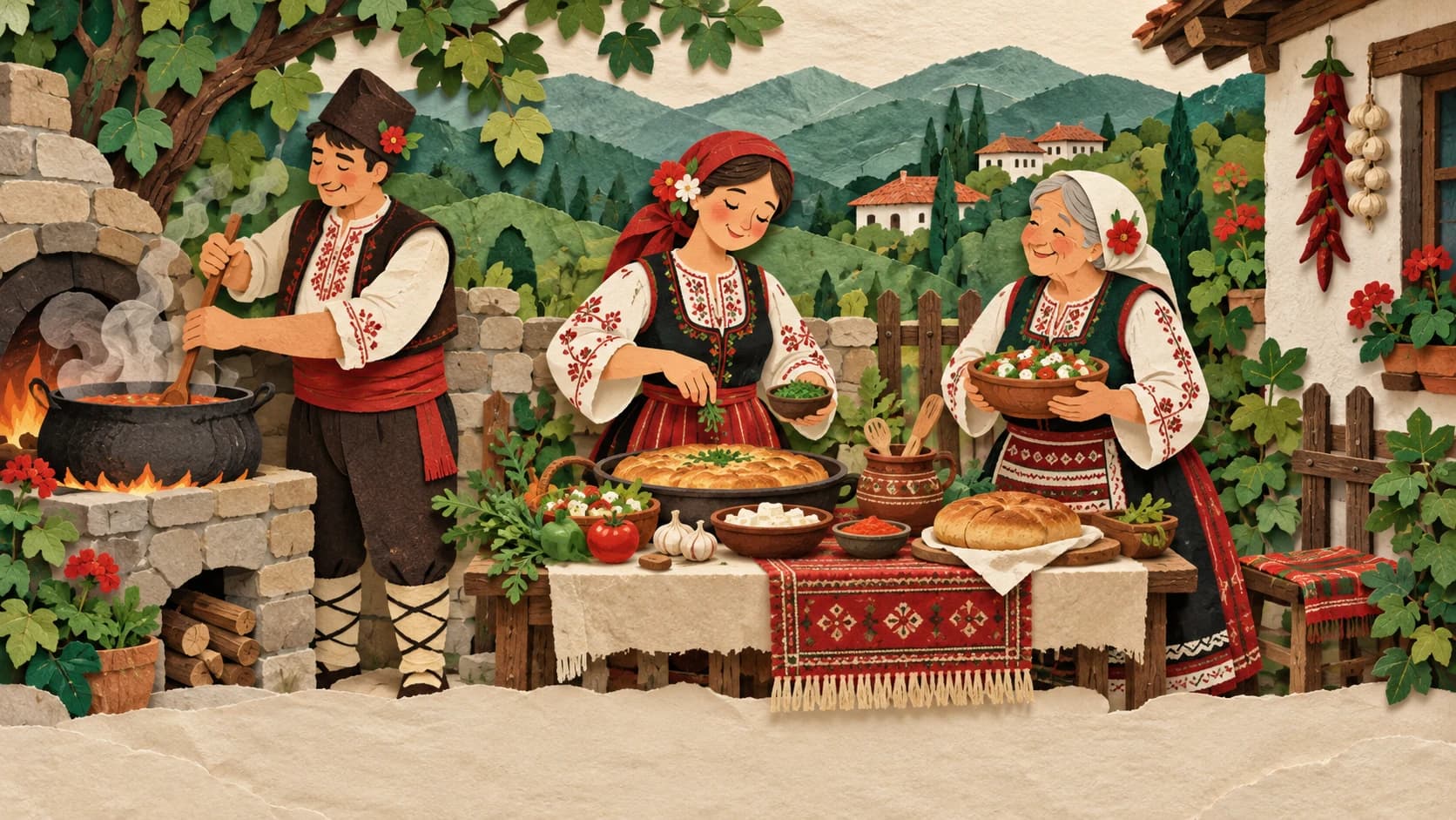 Кулинарен празник — художествена сцена в стил изрязана хартия.