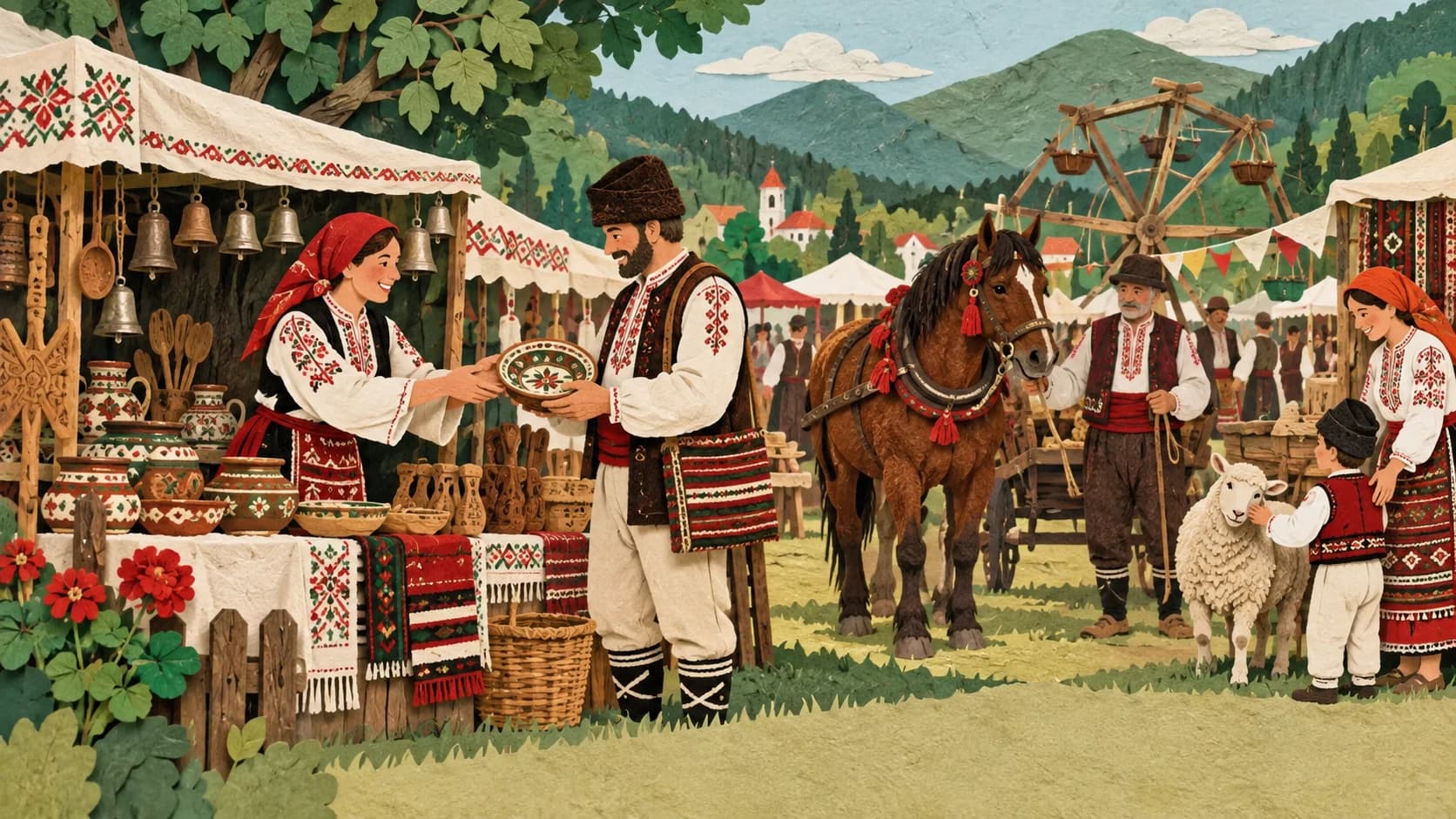 Fair / organised gathering — paper-cutout illustration.