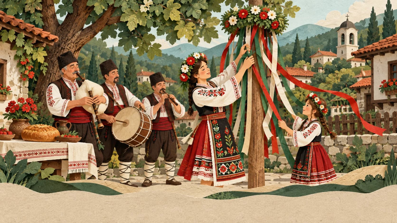 Local celebration — paper-cutout illustration.