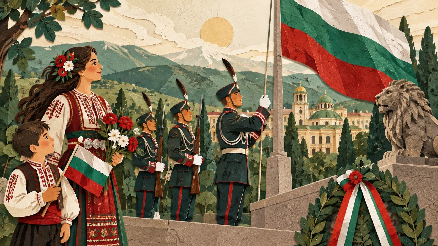 Official celebration — paper-cutout illustration.