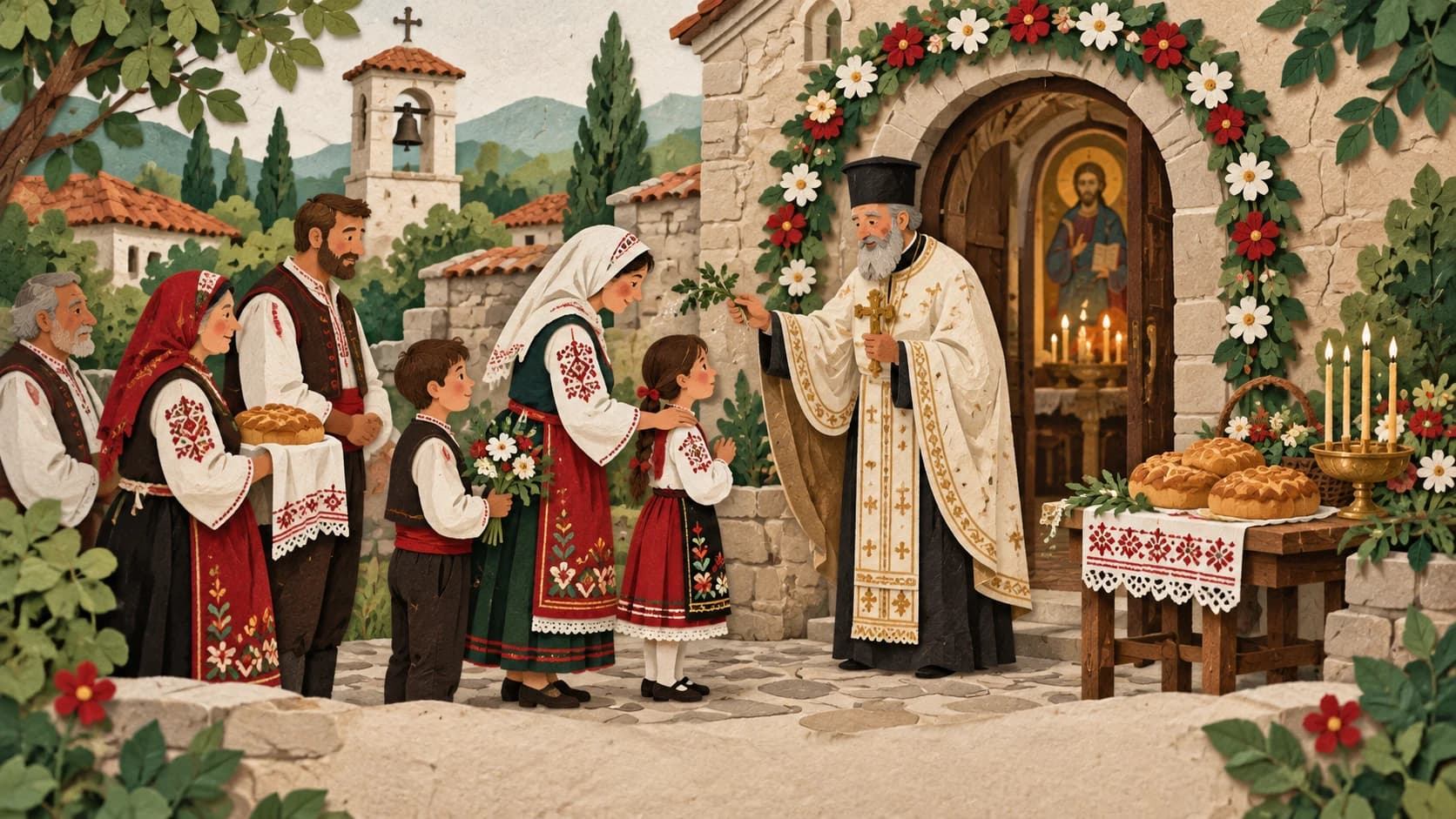 Church feast — paper-cutout illustration.