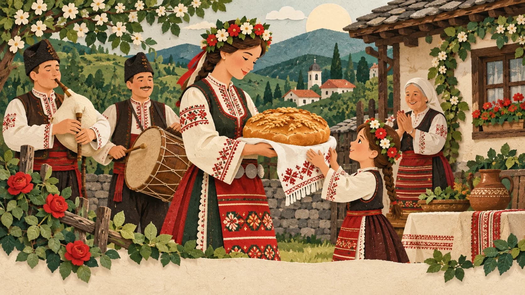 Traditional celebration — paper-cutout illustration.
