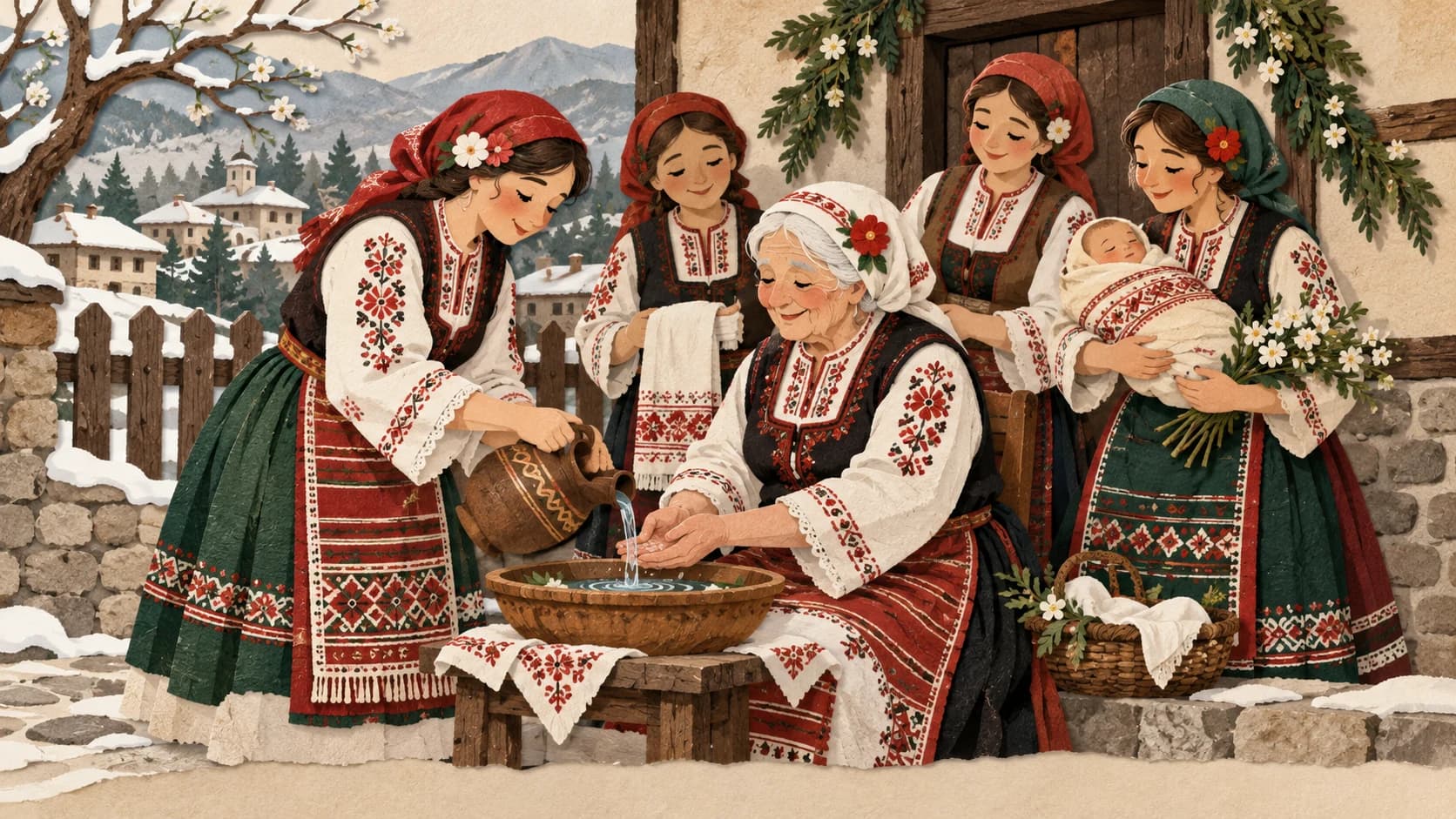 Илюстрация: Бабинден — художествена сцена в стил изрязана хартия.