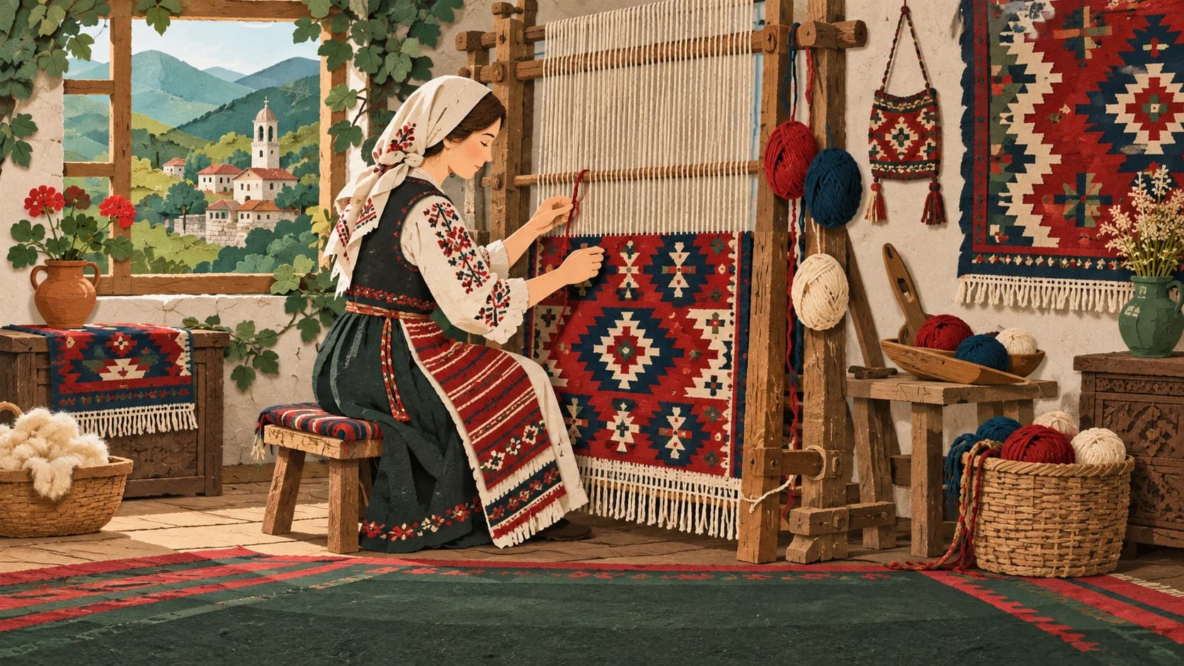 Илюстрация: Чипровско килимарство — художествена сцена в стил изрязана хартия.