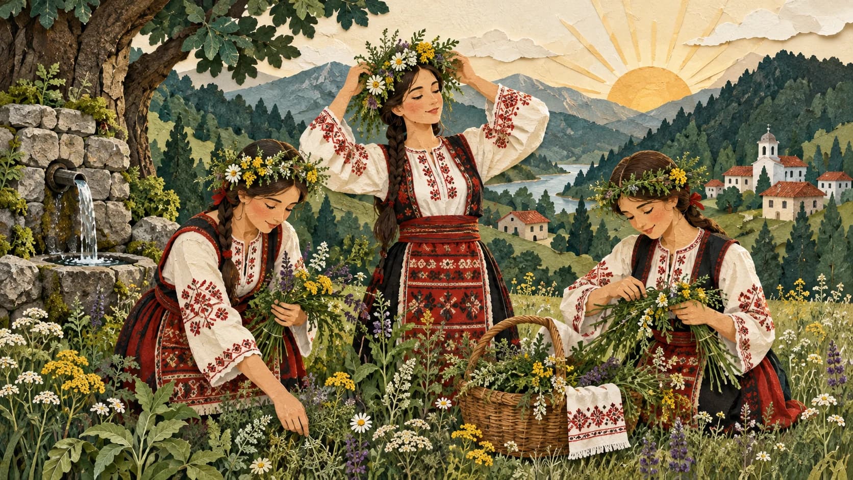 Илюстрация: Еньовден — художествена сцена в стил изрязана хартия.
