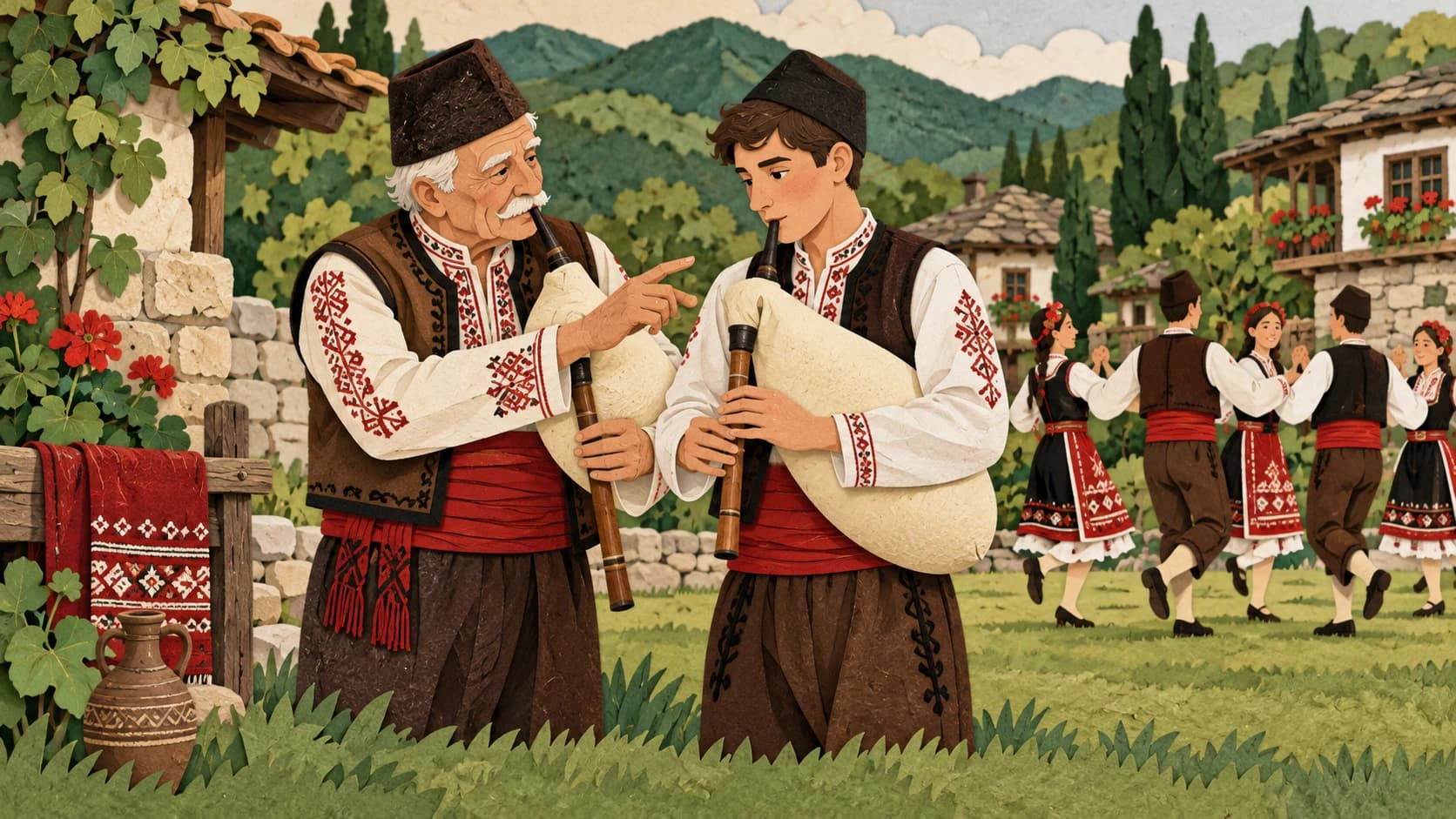 Илюстрация: Гайдарство — художествена сцена в стил изрязана хартия.