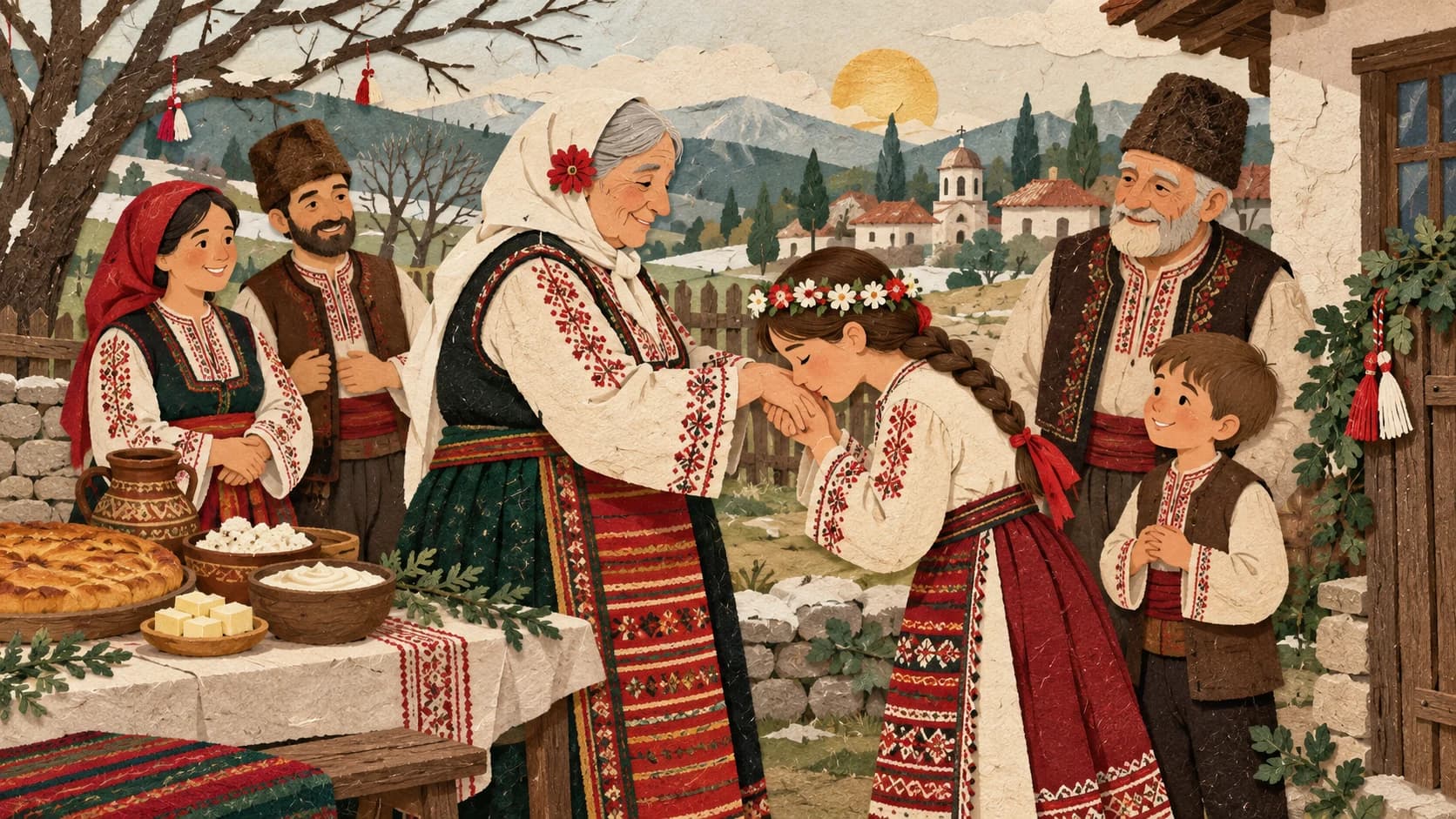Илюстрация: Сирни заговезни — художествена сцена в стил изрязана хартия.